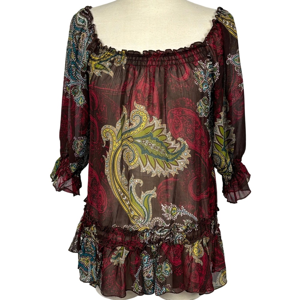 Xhilaration Boho Peasant Top Sheer Paisley Floral Blouse Women Small Festival
